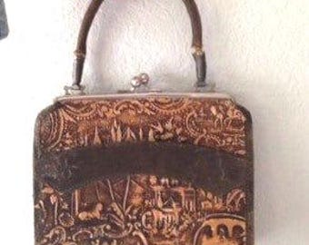 Monedero antiguo de cuero labrado a mano, diseño egipcio Art Déco