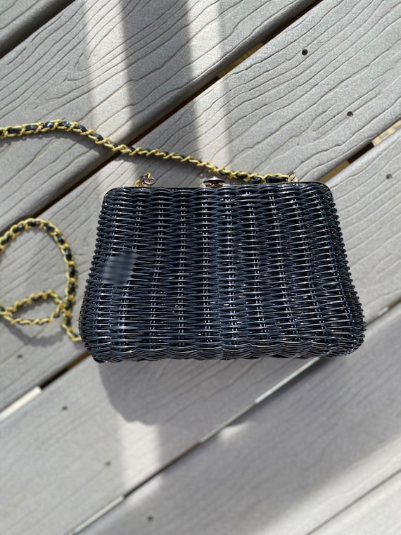 Vintage Faux Wicker Purse, black vinyl purse with 