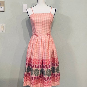 Vintage 50s Sundress, 50s Mode O’Day pink day dress, pinup girl dress, Summer spaghetti strap dress, gingham pink dress