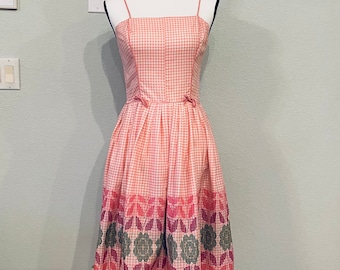 Vintage 50s Sundress, 50s Mode O’Day pink day dress, pinup girl dress, Summer spaghetti strap dress, gingham pink dress