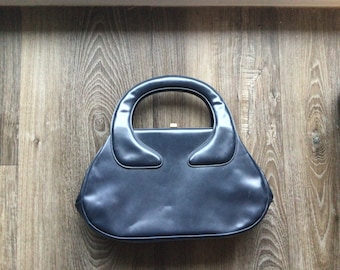 Bolso vintage de piel sintética azul marino, bolso con asa superior de mediados de siglo