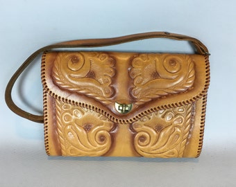 Vintage purse, hand tooled leather purse, floral tooled hippie boho handbag, brown festival bag