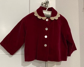 Vintage Baby/Toddler Velvet Coat, Burgundy antique child’s jacket, peal button, holiday baby coat, Toddler coat, velvet and lace