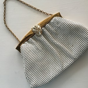 Vintage Whiting & Davis purse, Alumesh handbag with rhinestone clasp, antique white mesh bag