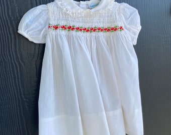 Vintage Nannette smocked Baby Dress, white, red and green flowers,  smocked frock, white lace collar, Made in the USA