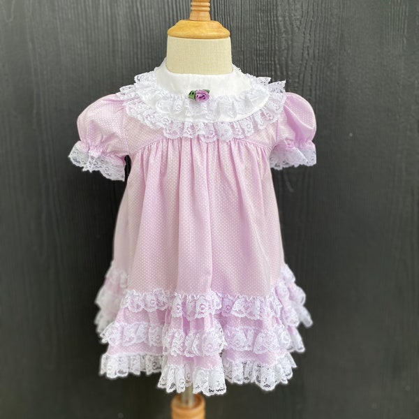 Vintage Swiss Dot Baby Dress, Lavender and white lace dress, made in the USA, 24 months, lacy dress