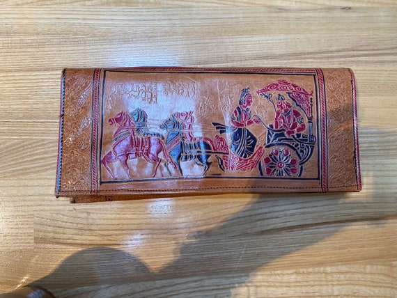 Vintage leather hand tooled clutch, medieval pict… - image 2