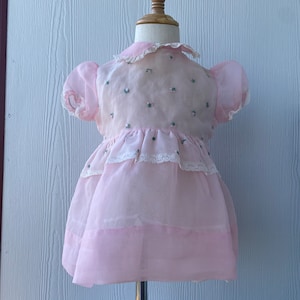 Vintage Pink Toddler Dress, 50s tulle lined baby dress, Sheer Pink dress with lace, embroidered flowers
