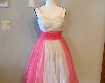 Vintage 1950s Chiffon Prom Dress, Pink and White Tea length retro prom dress, layered fabric, pleated bust, metal zipper