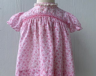 Vintage Nannette smocked Baby Dress, pink and white floral smocked frock, white lace collar, Made in the USA