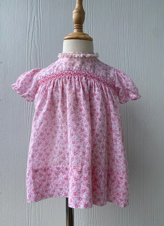 Vintage Nannette smocked Baby Dress, pink and whit