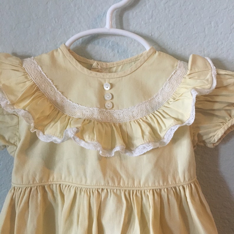 Vintage Baby Girls Dress yellow frock with ruffles and lace cotton baby dress ruffled neckline and bottom