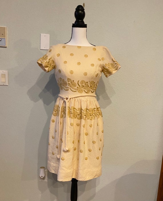 Vintage 50s wool dress, Henley Jr. dress with gold