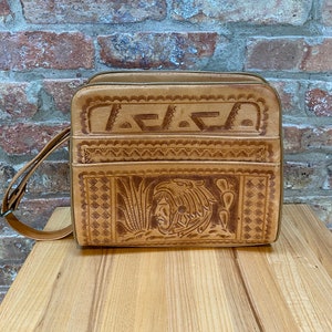 Vintage Hand Tooled leather Purse, Mayan themed and Aztec Design, expandable handle, caramel brown leather