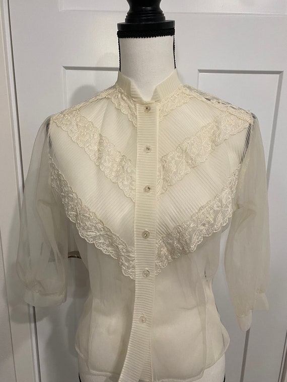 Vintage Chiffone blouse, 50s nylon top, Off White… - image 3