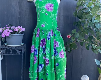 Vintage Richards Sundress: Green Floral Low Back Dress, Made in India