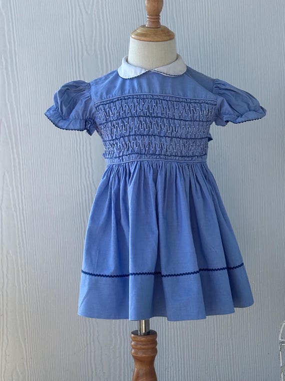 Vintage Polly Flinders Hand Smocked Dress, Cornflower Blue, Size T4 Vintage Polly Flinders Hand Smocked Dress, Cornflower Blue, Size T4
