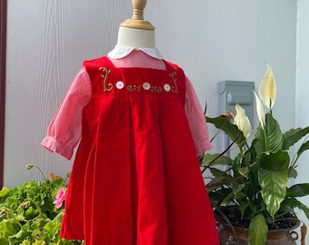 Vintage Sears Honeysuckle Red Velvet Pinafore Dress, Gingham Apron