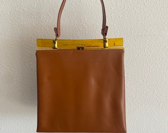 Vintage Dover Handbag, Dover brown faux leather purse, Caramel colored with lucite, unique shaped purse, triangle bag