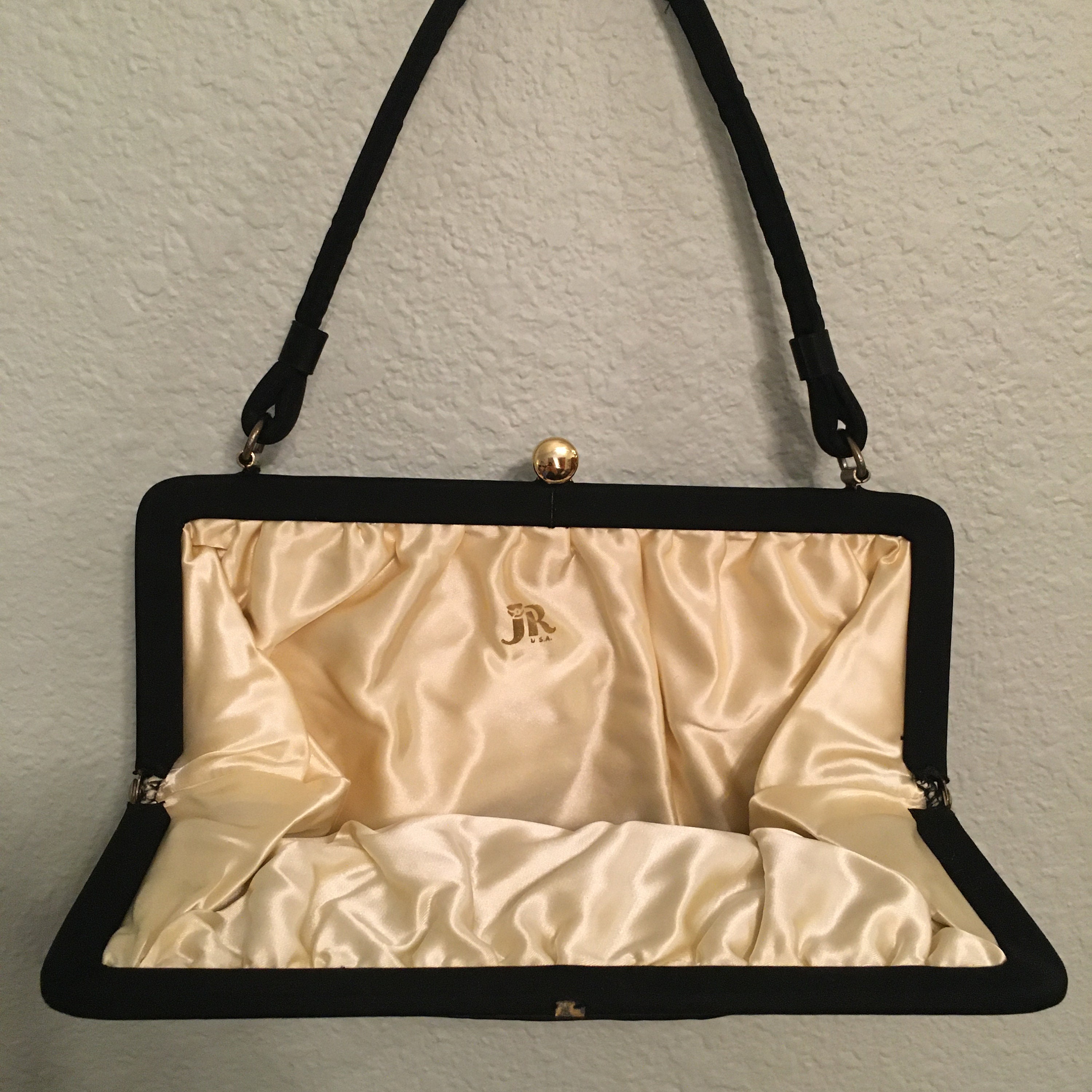 Vintage JR Purse, Black Fabric Evening Bag, Point Purse