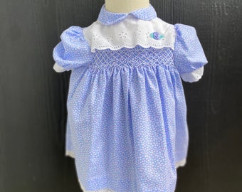 Sukienka vintage Polly Flinders Smocked: Lawendowy wzór kwiatowy, rozmiar 12 M