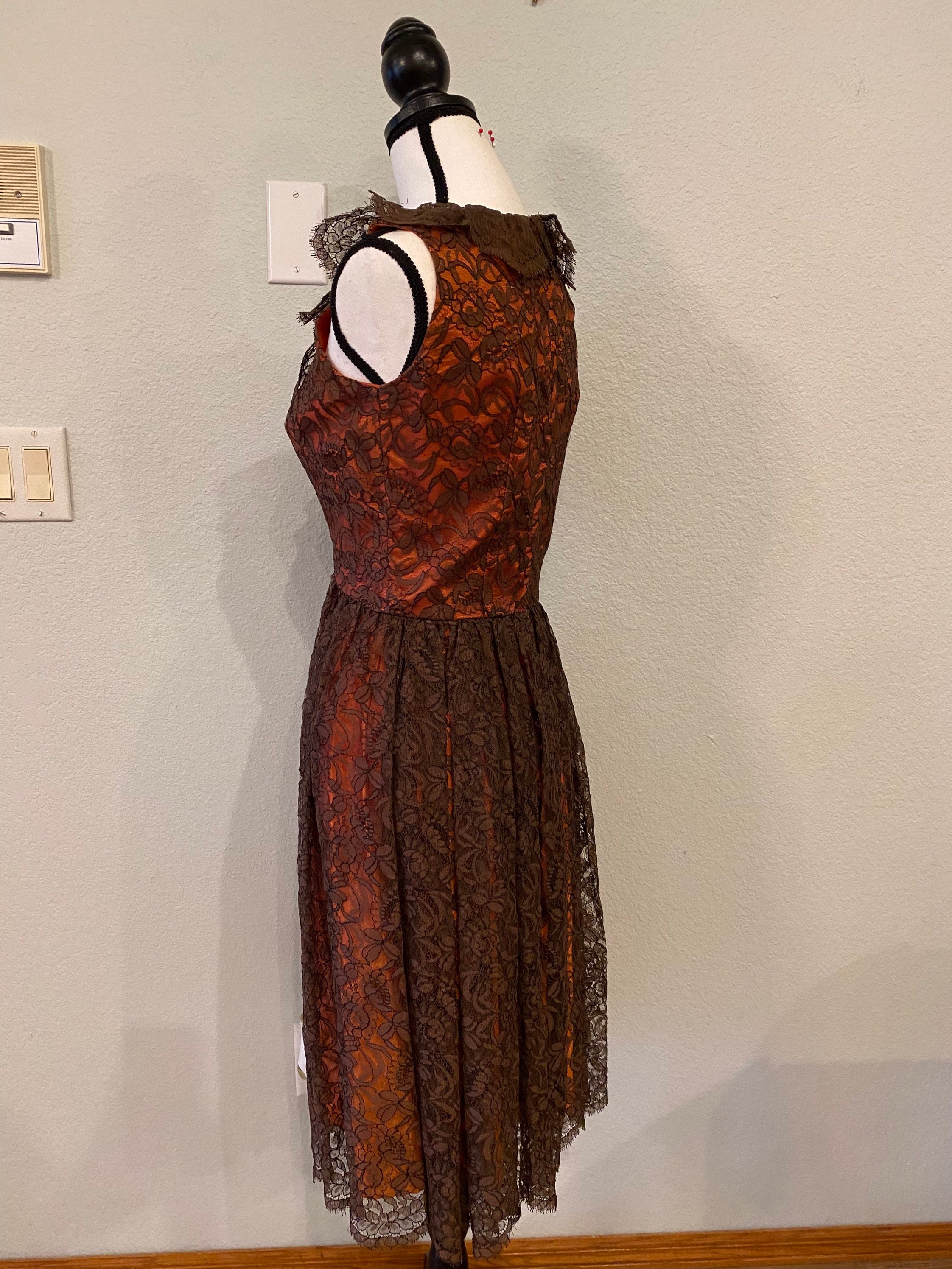 Vintage Sears Lace Party Dress, 60s Bronze Evening Dress, Velvet Bow - Etsy Vintage Sears Lace Party Dress, 60s Bronze Evening Dress, Velvet Bow - Etsy