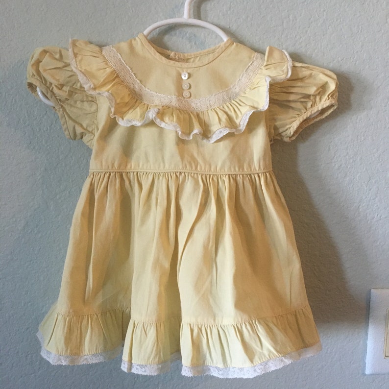 Vintage Baby Girls Dress yellow frock with ruffles and lace cotton baby dress ruffled neckline and bottom