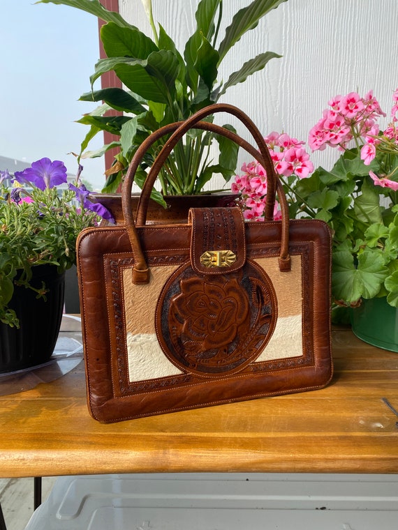 Vintage Hand tooled leather bag, leather and cowhi