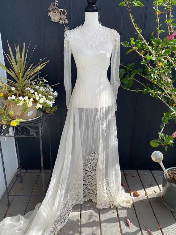 Antique Sheer Wedding Dress, Wedding dress with slip,… - Gem
