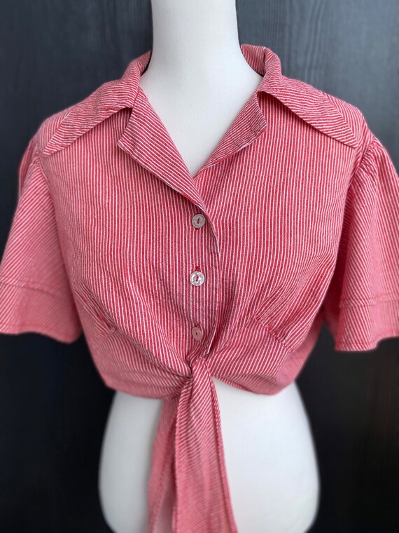 Vintage 40s Crop Top, Dagger collar old pinstripe… - image 7