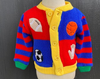 Vintage Nann-Knits Baby Sweater, Color blocked sports sweater, size 18 months, Baby sports sweater, baseball football soccer basketball