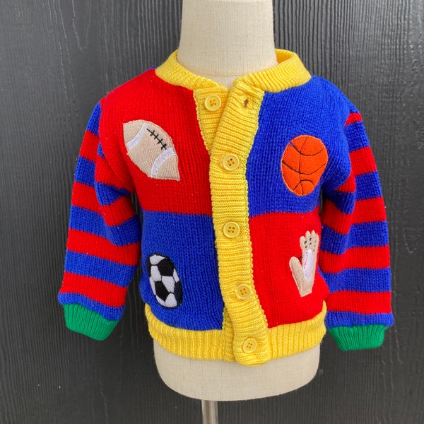 Vintage Nann-Knits Baby Sweater, Color blocked sports sweater, size 18 months, Baby sports sweater, baseball football soccer basketball