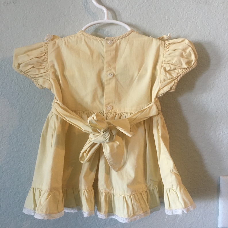 Vintage Baby Girls Dress yellow frock with ruffles and lace cotton baby dress ruffled neckline and bottom