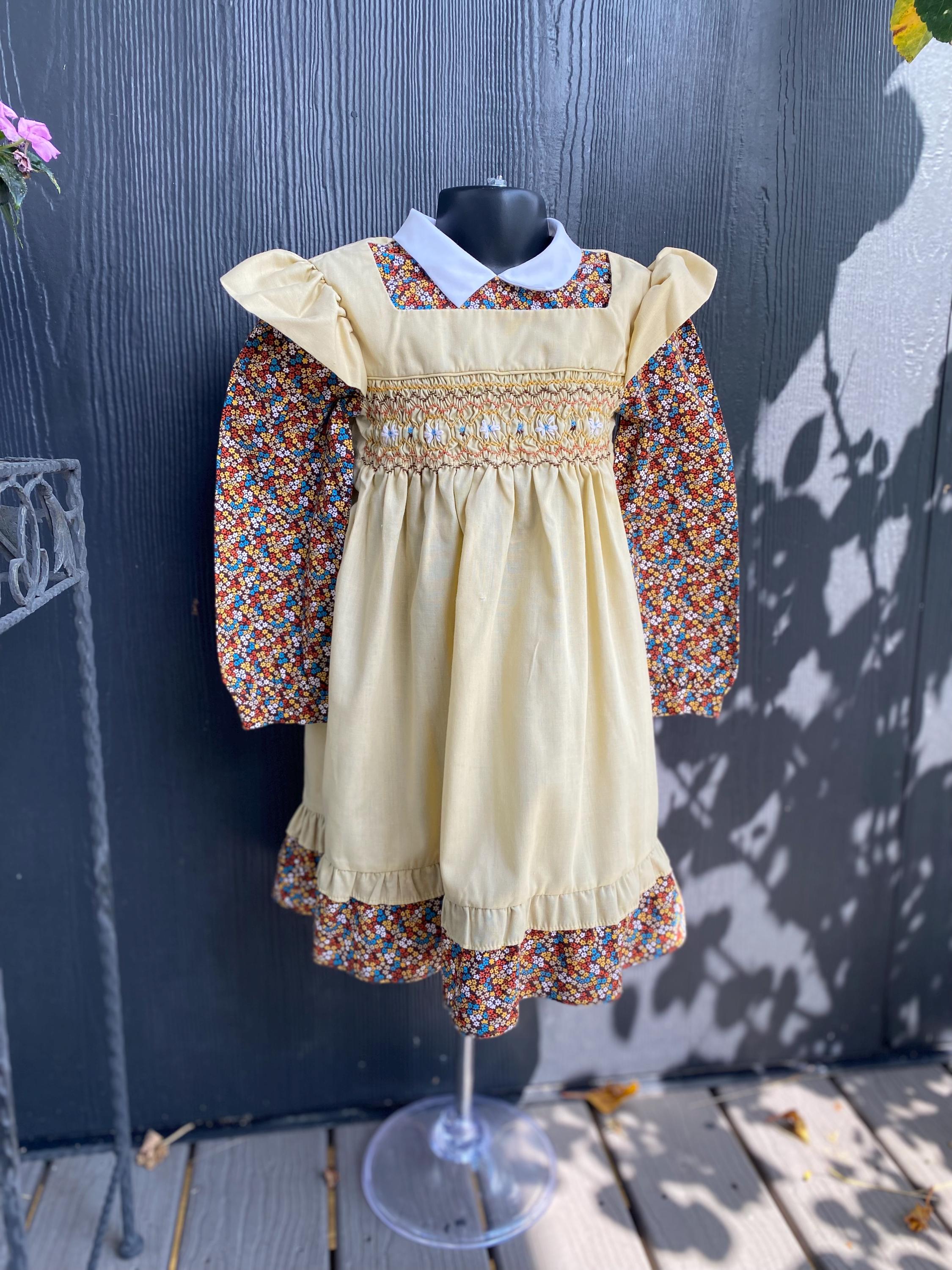 Vintage Polly Flinder Smocked Dress, Size 6X, Warm Color Apron