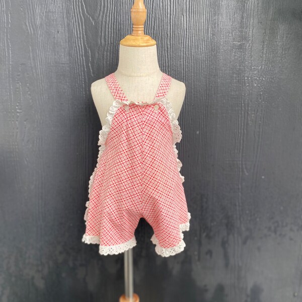 Vintage Baby Sunsuit, Antique baby romper, Summer overalls, red and white with lace sunsuit