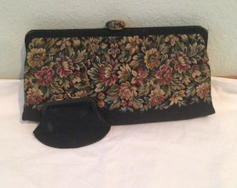 Vintage HL purse, needle point clutch, black and floral tapestry bag, black coin purse, Harry Lavine purse