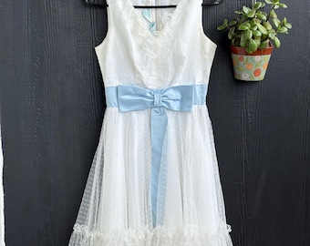 white dresses with blue satin sashes Vintage White Lace Dress, Prom or Wedding Dress: Sears Junior Bazaar, Size  7, Blue Bow