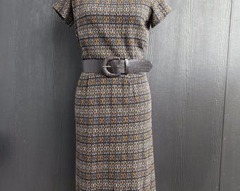 Vestido tubo de tweed vintage: años 50-60, negro, marrón y dorado.