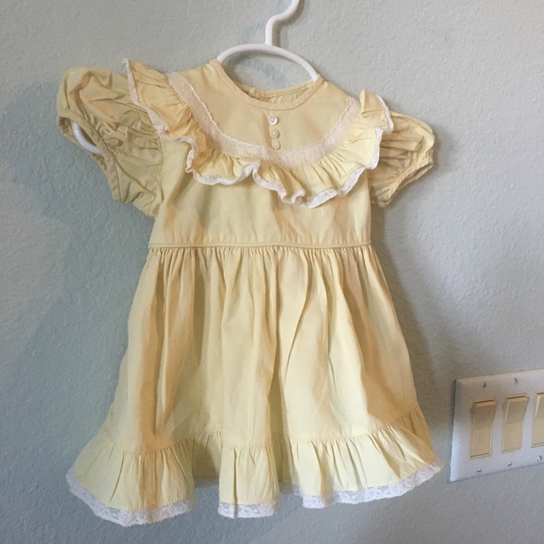 Vintage Baby Girls Dress yellow frock with ruffles and lace cotton baby dress ruffled neckline and bottom