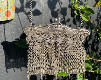 Antique German Silver Mesh Purse, Victorian Chain Bag, Floral KISS Clasp