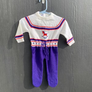 Vintage Knit Baby Romper, One piece “A Little Angel” Knit navy blue, red and white romper, winter knit baby pants and top, size 0-3 months