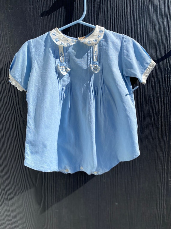 Antique Baby Romper, Blue handmade roper, embroid… - image 1