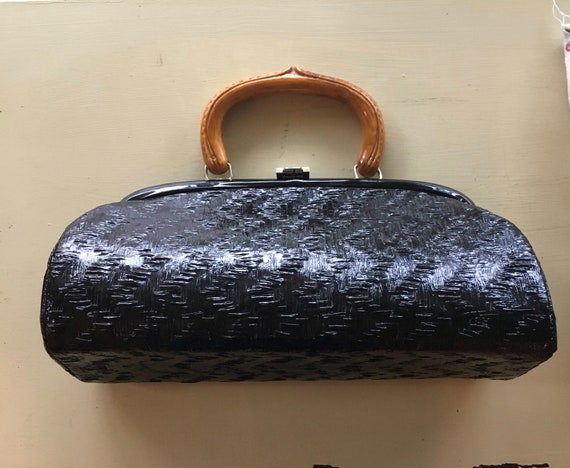 Vintage 70s Widegate Leather Bag, Purse, Black/Brown Patent, Unused, Lucite Top Handle in Faux Tortoiseshell, Very On Trend, Made in England