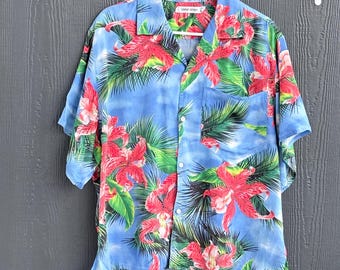 Camisa hawaiana vintage Esprit Sport para hombre, años 80/90, camisa hawaiana Esprit Sport, camisa de verano con estampado floral azul y rojo, fabricada en Hong Kong, talla pequeña