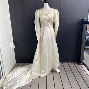 Antique Satin Wedding Dress, 30s or 40s Wedding Gown, simple gown, long sleeve, medium size