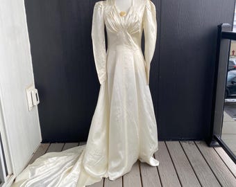 Antique Satin Wedding Dress, 30s or 40s Wedding Gown, simple gown, long sleeve, medium size