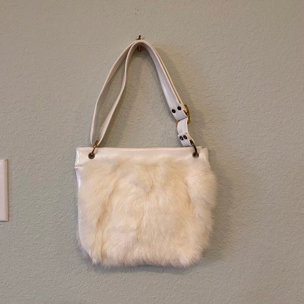 Vintage rabbit fur purse, adjustable strap white fur handbag, 70s mod bag