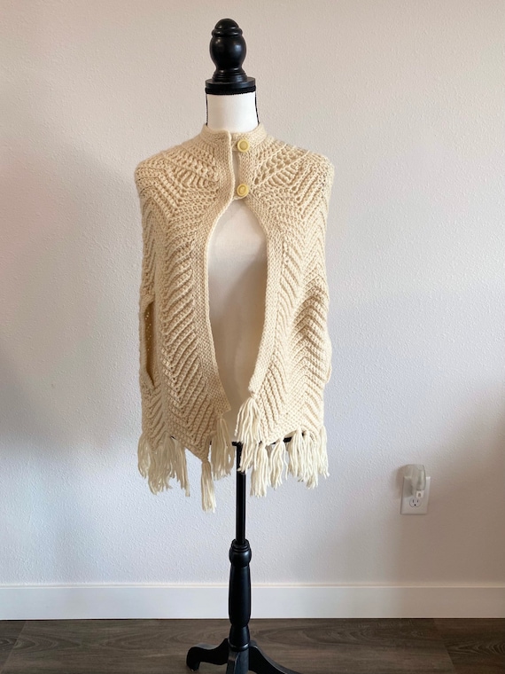 Vintage Crocheted Poncho, 70s knit cape, cream re… - image 1