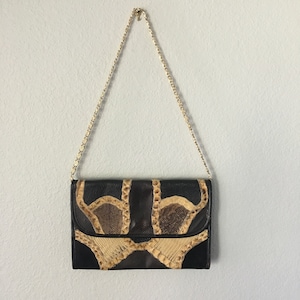 Vintage leather and snakeskin purse, Bags by Varon, 70s boho clutch, gold chain shoulder strap bag, unique purse