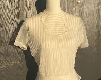 Vintage Nylon Sheer Blouse, 50s nylon pleated top, creamy white nylon shirt, retro blouse, size 34, Blousemaker label